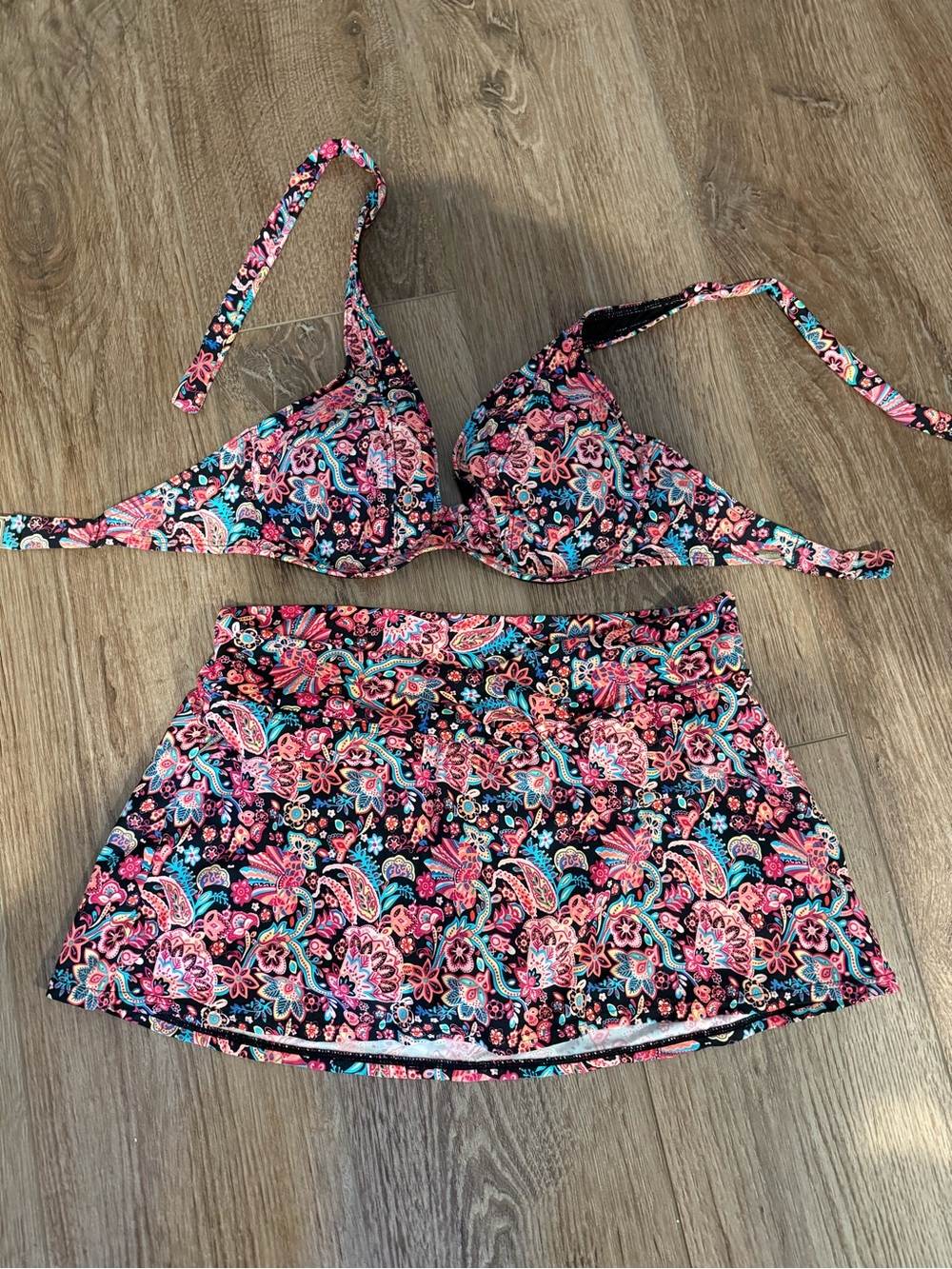 Floral Paisley Two-Piece Swim Set with Skirt - Pink/Black
